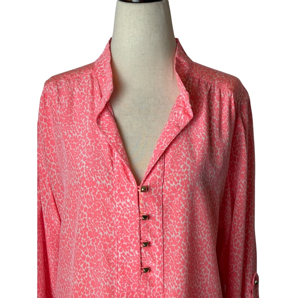 Britt Ryan Silk Tunic Blouse Women Large Pink Leopard Print Roll Tab Old Money - Picture 4 of 12